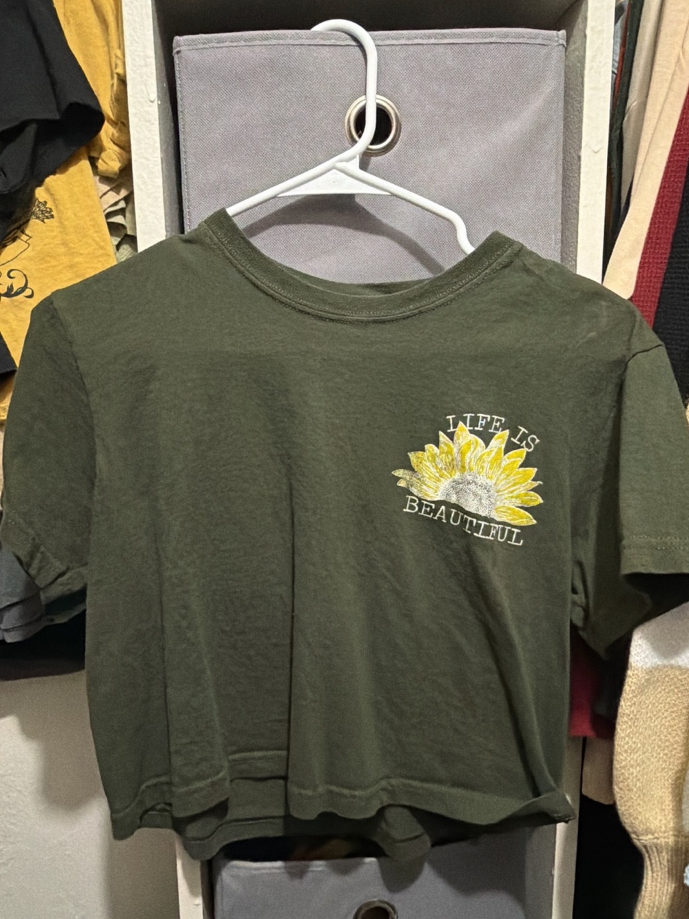 Olive Green Crop Tee with Yellow Sunflower "Life Is Beautiful"